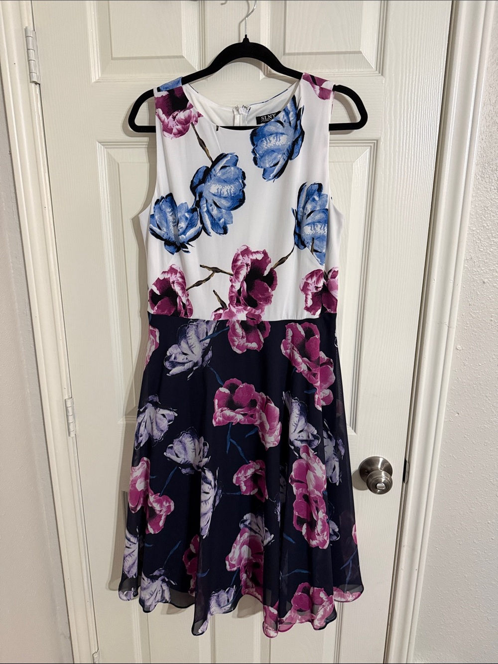 SLNY White and Navy Floral A-Line Dress with Pink and Blue Blooms